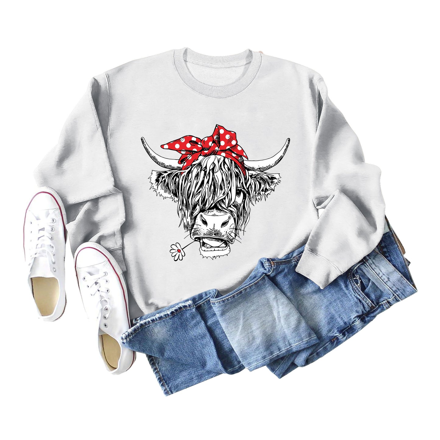 Casual Long Sleeve Crewneck Red Bow Cow Fun Print Loose Women's Hoodie