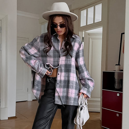 Plaid Vintage Polyester Lapel Long Sleeve Casual Women's Shirt New Autumn Fashion Top