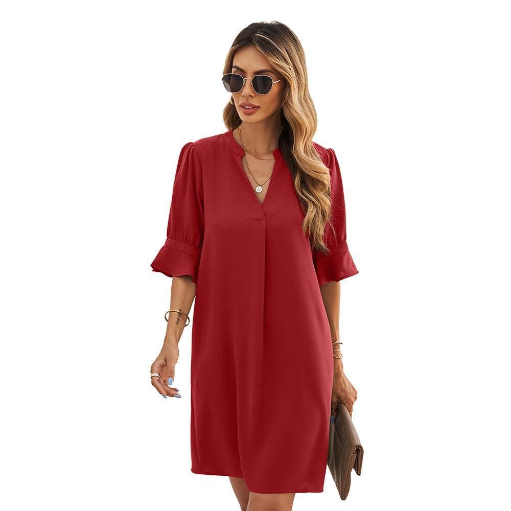 Summer New Chiffon Dress Women Loose Mid-Sleeve Solid Color V-Neck Knee Skirt