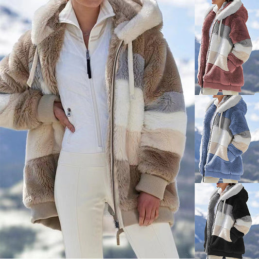 Autumn/Winter Warm Plush Patchwork Zipper Pocket Hooded Loose Coat For Women