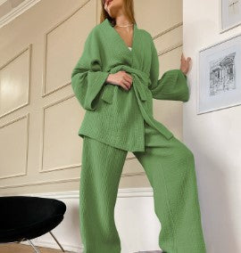 Spring Loose Double-Layer Gauze Shirt And Trousers Two-Piece Women's Cotton Casual Fashion Suit Women