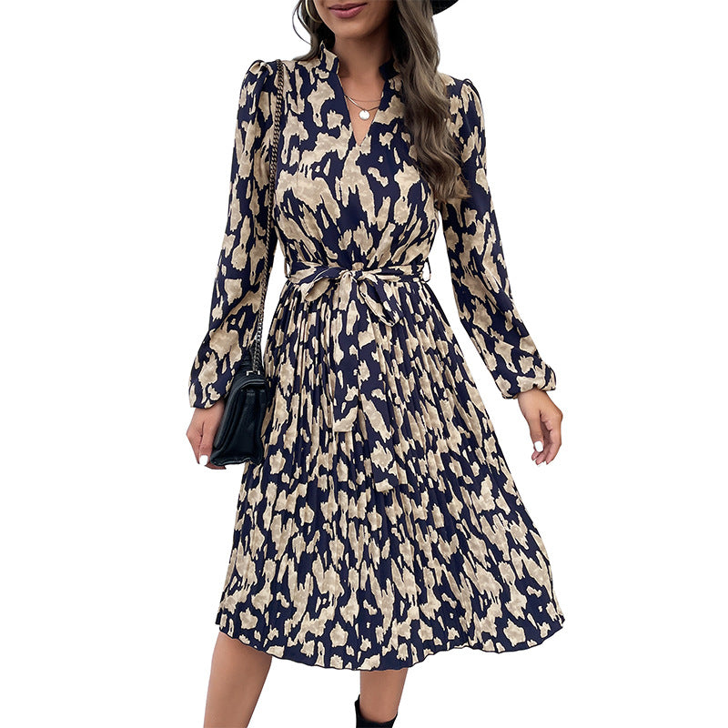 Fashion Women's Autumn New Wrinkles Printed Long-Sleeved Dress