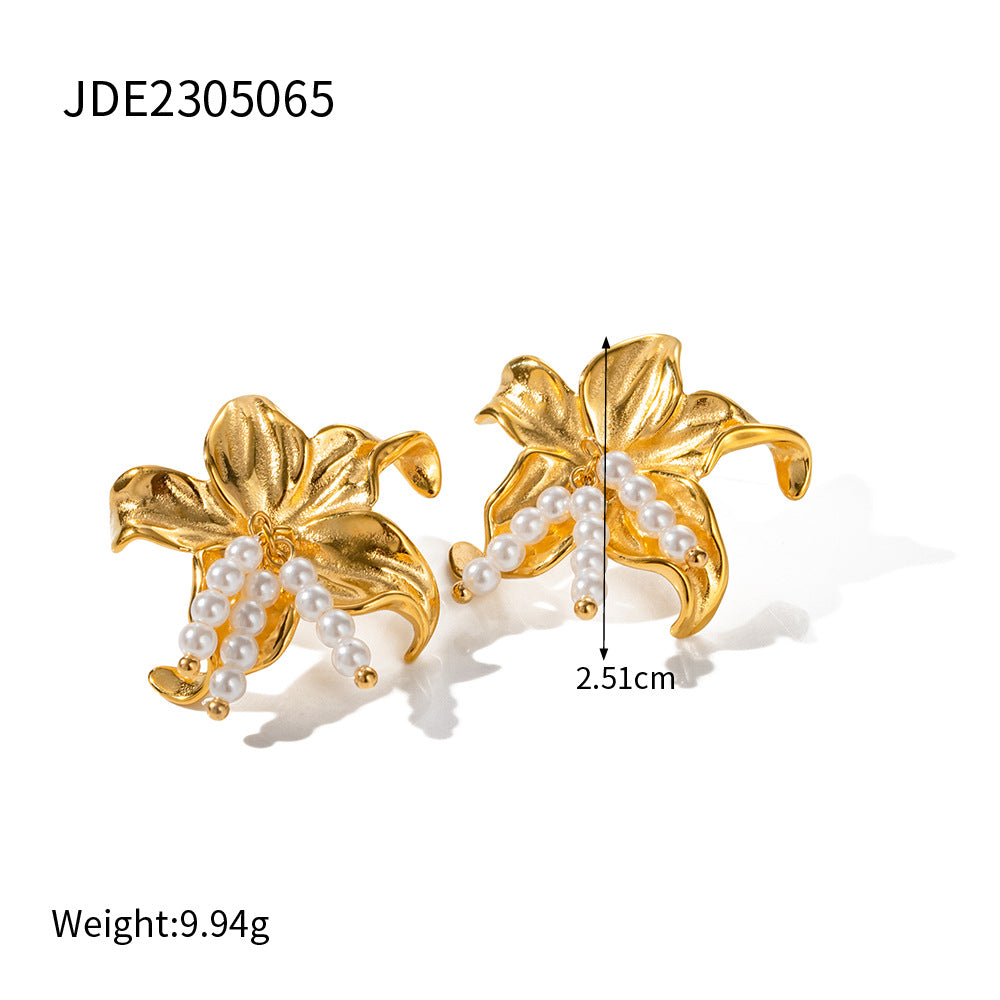 5pcs 18K Gold Stainless Steel Starfish Set Pearl Earrings Design Sense Of Non-Fading Earrings