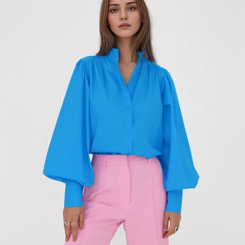 Spring Fashion Temperament Wildberries Solid Color Lapel Shirt Sleeves Casual Commuter Women's Wear