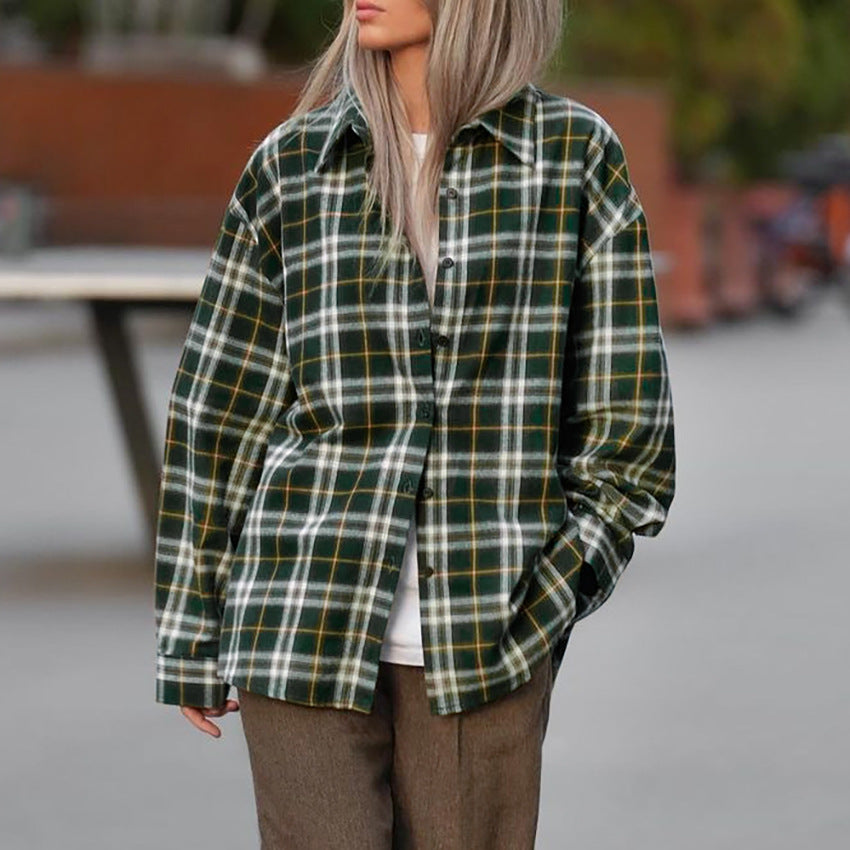 Retro Green Niche Cotton Plaid Shirt Long Sleeve Lapel Loose Shirt For Autumn And Winter New