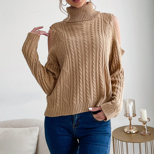 Fashion Women's Bottom Turtleneck Solid Color Long Sleeve Twist Off-The-Shoulder Sweater