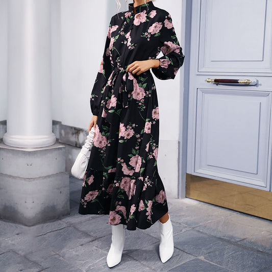 Fashion Women's Print Long Sleeve Half High Neck Long Dress Autumn And Winter