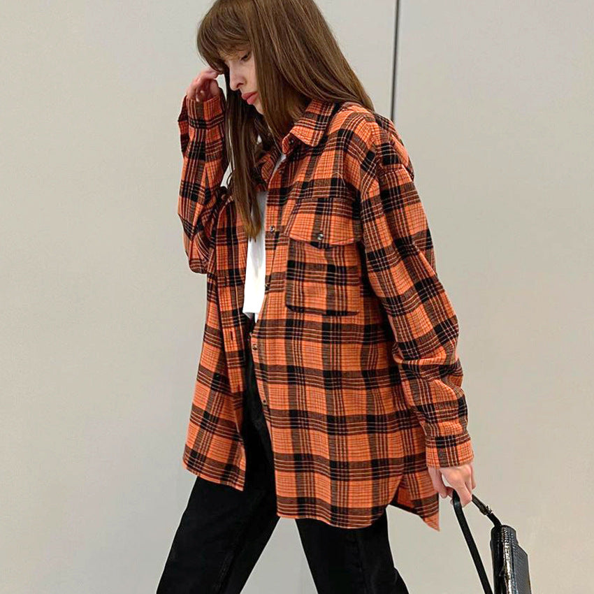 Retro Ins Casual Loose Plaid Shirt Autumn And Winter New Commuter Outside With Shirt Women