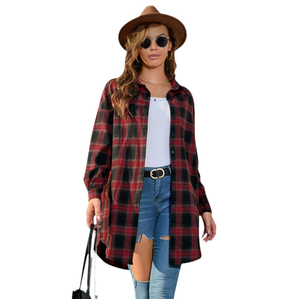 Large Size Women's Long-Sleeved Plaid Shirt Female Autumn Long Plaid Shirt American Retro Coat Female