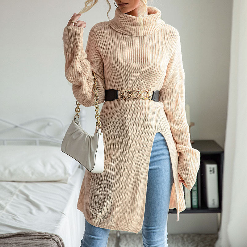 New Autumn And Winter Fashion Women's Solid Color Slit Long-Sleeved Turtleneck Sweater Dress