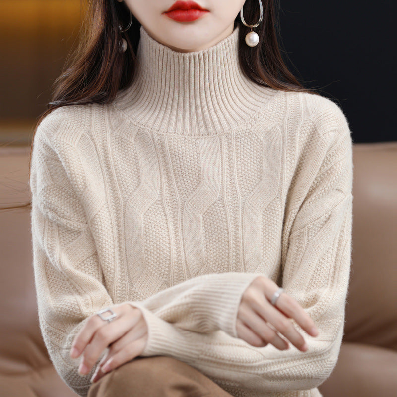 Autumn/Winter New 100 Woolen Sweater Women's Turtleneck 7 Needle-Hemp Jacquard Woolen Base Loose All-Match Sweater Top