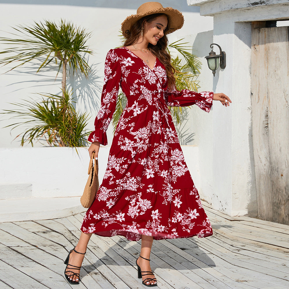 Autumn And Winter New V-Neck Waist Strap Long Sleeve Floral Skirt Long Dress Plus-Size Female