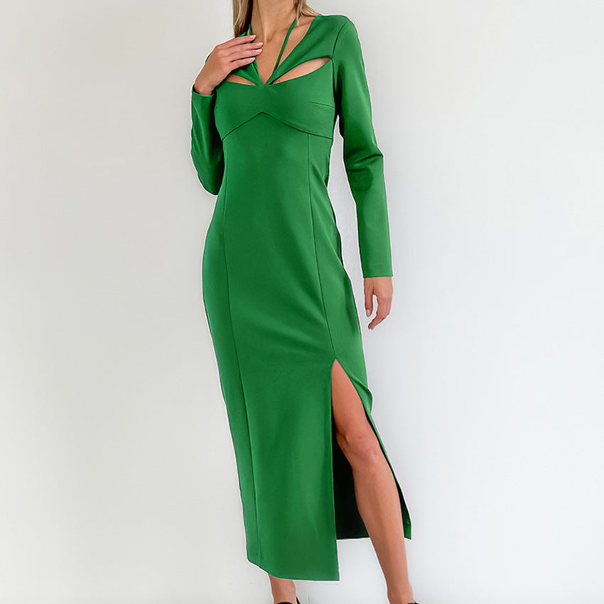 Green Sexy V-Neck Split Hollow High-Waisted Dress New Autumn Fashion Dress Women