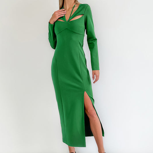 Green Sexy V-Neck Split Hollow High-Waisted Dress New Autumn Fashion Dress Women