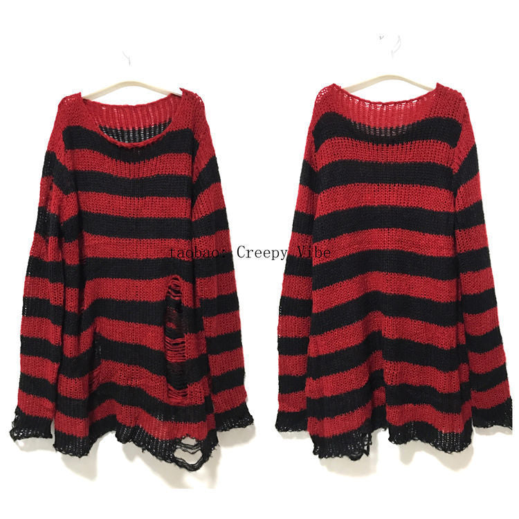 Knitwear Women's Mid-Length Punk Dark Holes Torn Sweater Couple Stripes Loose