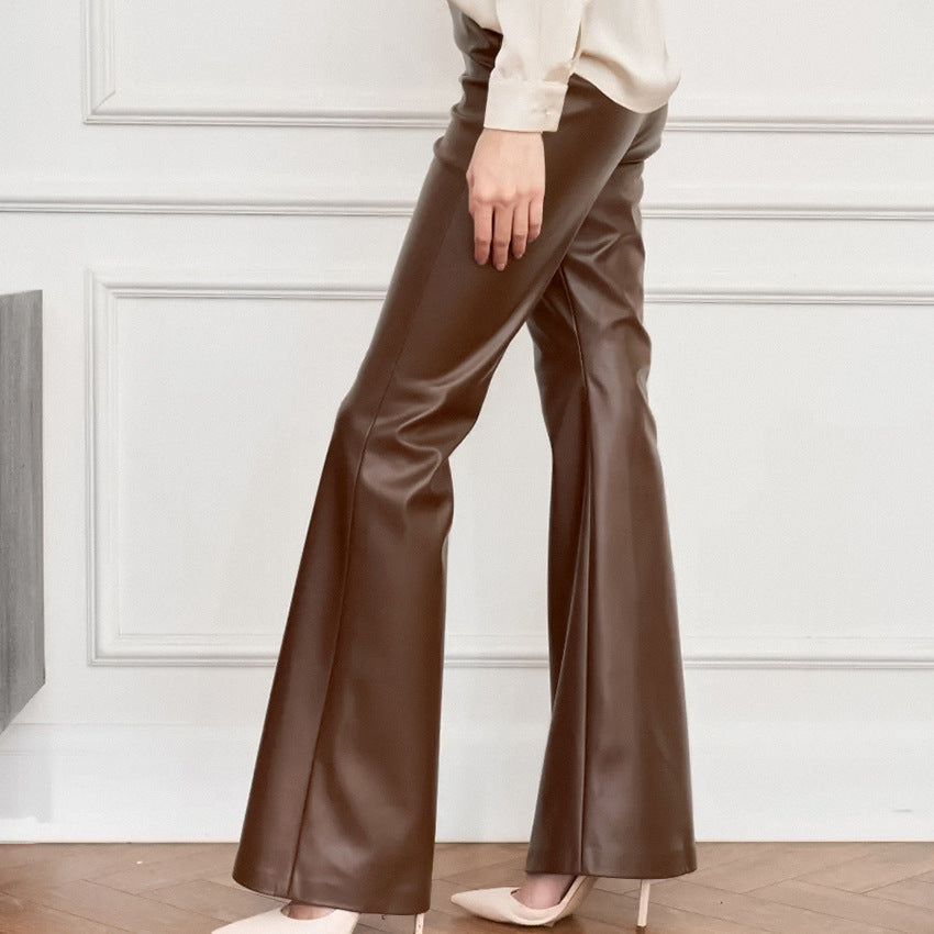 Autumn And Winter New Pu Leather Leather Pants High-Waisted Slimming Bell Bottoms Fashion Women With Trousers