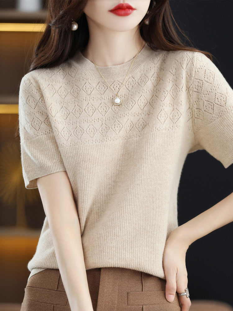 Summer New 100 Knitwear Short Sleeve T-Shirt Women's Round Neck Half Sleeve Thin Hollow Short Top Knitwear