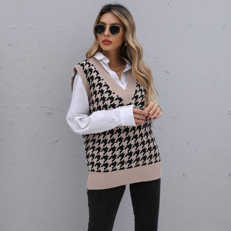 Early Autumn Fashion Women's Long Thousand Bird Check Sweater Vest Woman