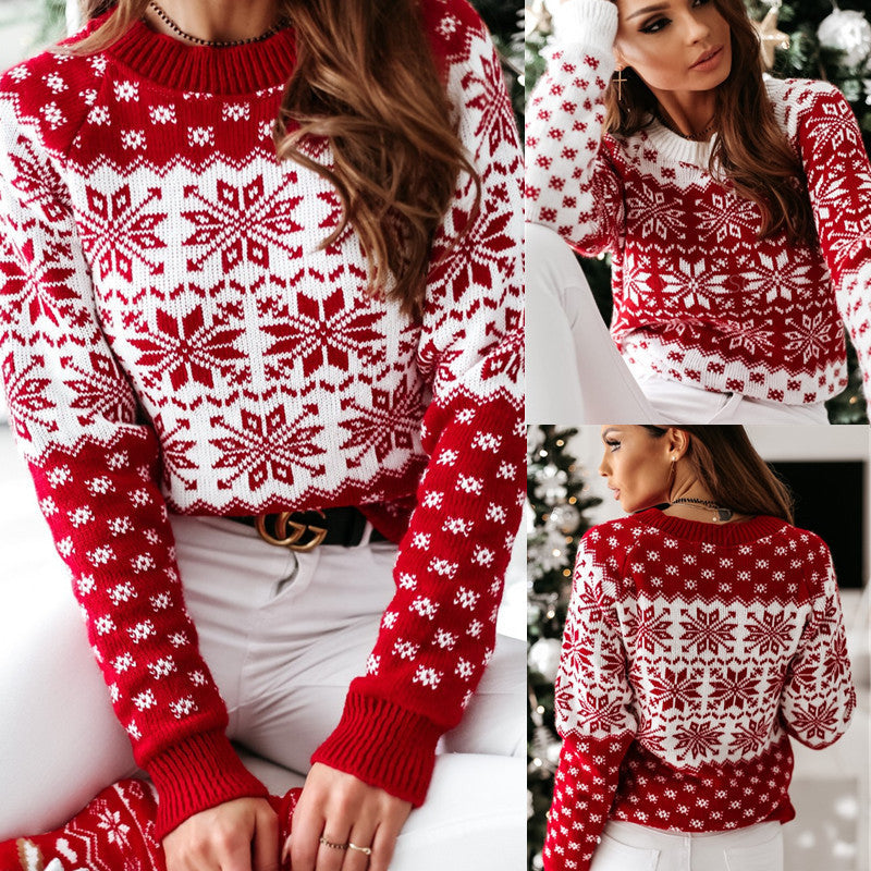 Autumn And Winter New Sweater Women's Christmas Snowflake Long-Sleeved Bottom Knit Sweater