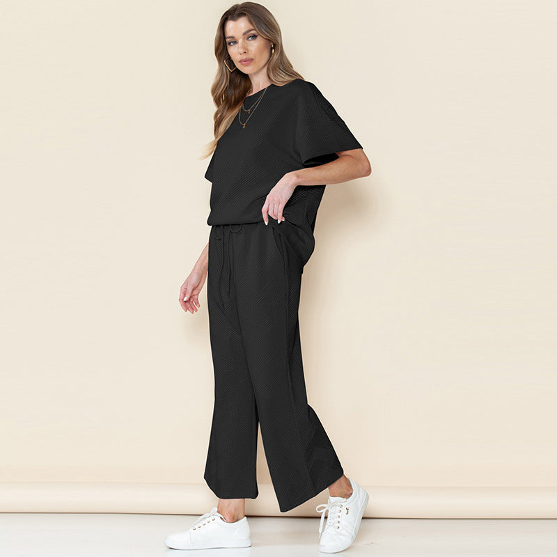 Summer New Solid Color Texture Leisure Suit Female Thin Loose Meat Drawing Rope Sportswear Female