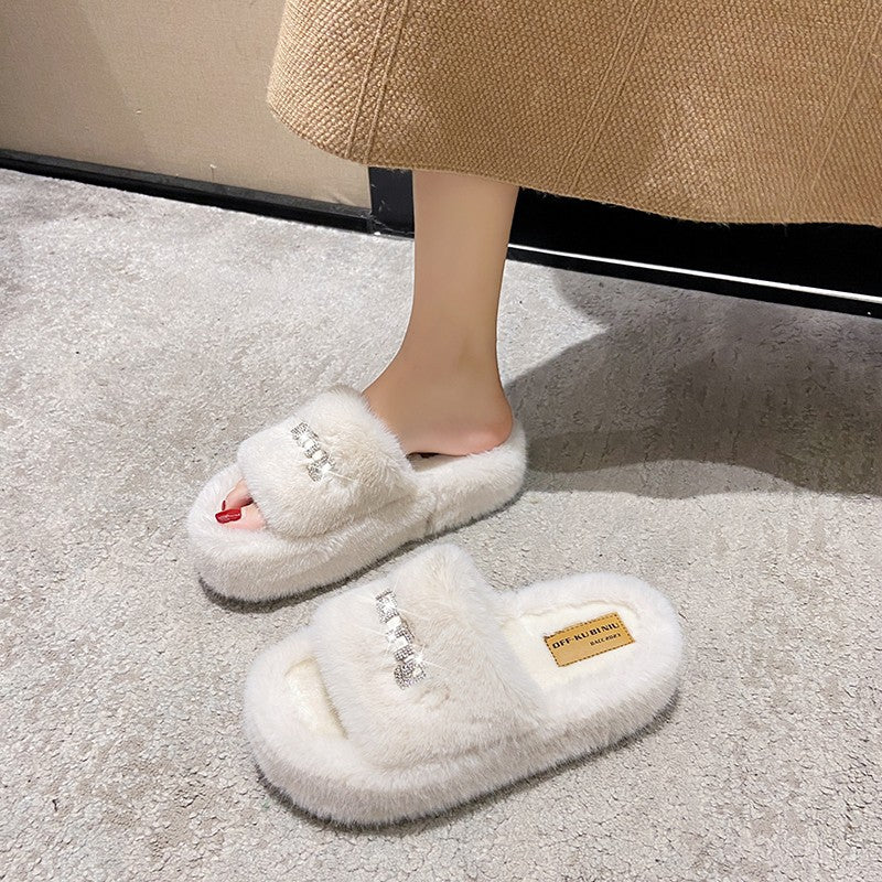 Thick Bottom Increase Fluffy Slippers Women's Shoes To Wear New Autumn And Winter Fashion Sponge Plush Cotton Slippers