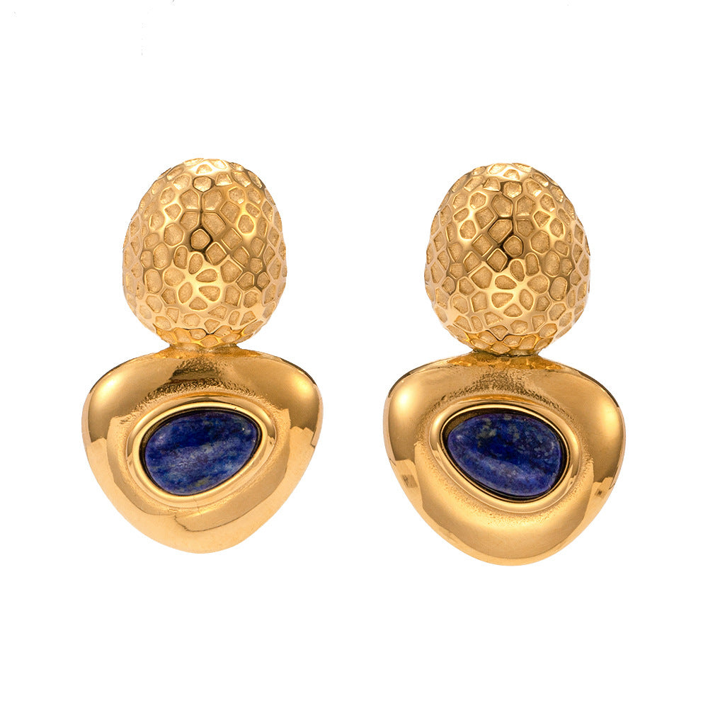 5pcs New Ins-Style 18K Gold Stainless Steel Oval Hammer Connection Triangle Inlaid With Lapis Stone Stud Earrings