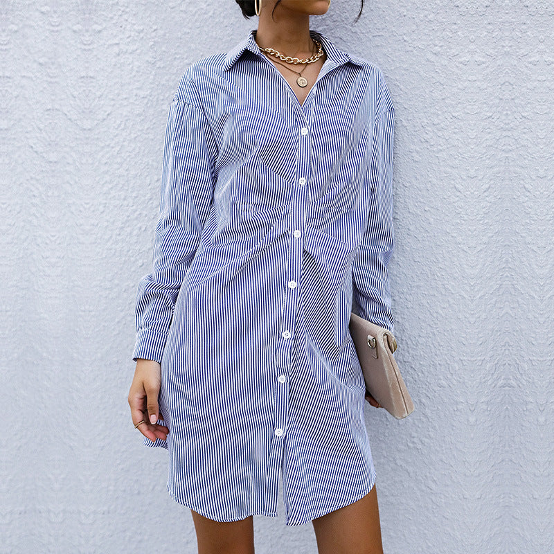 New Long-Sleeved Shirt Skirt Ruffle Lapel Striped Dress