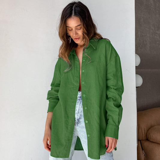 Spring Green Cotton Hemp Temperament Lapel Loose Women's Shirt Fashion Top