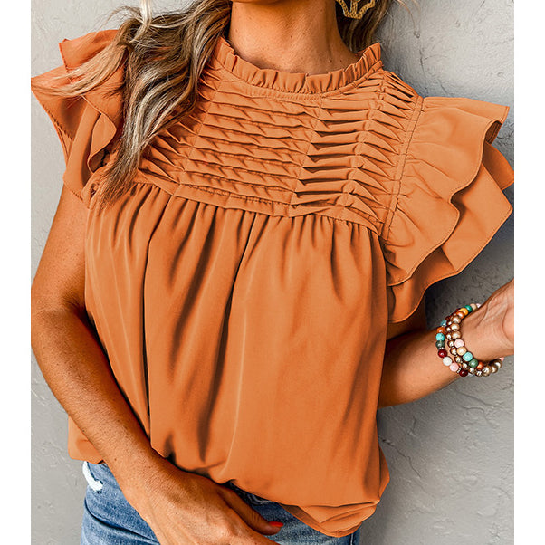 Summer New Fashion Pleated Stand Collar Pullover Women's Casual Solid Color Ruffled Edge Three-Quarter Sleeve Top