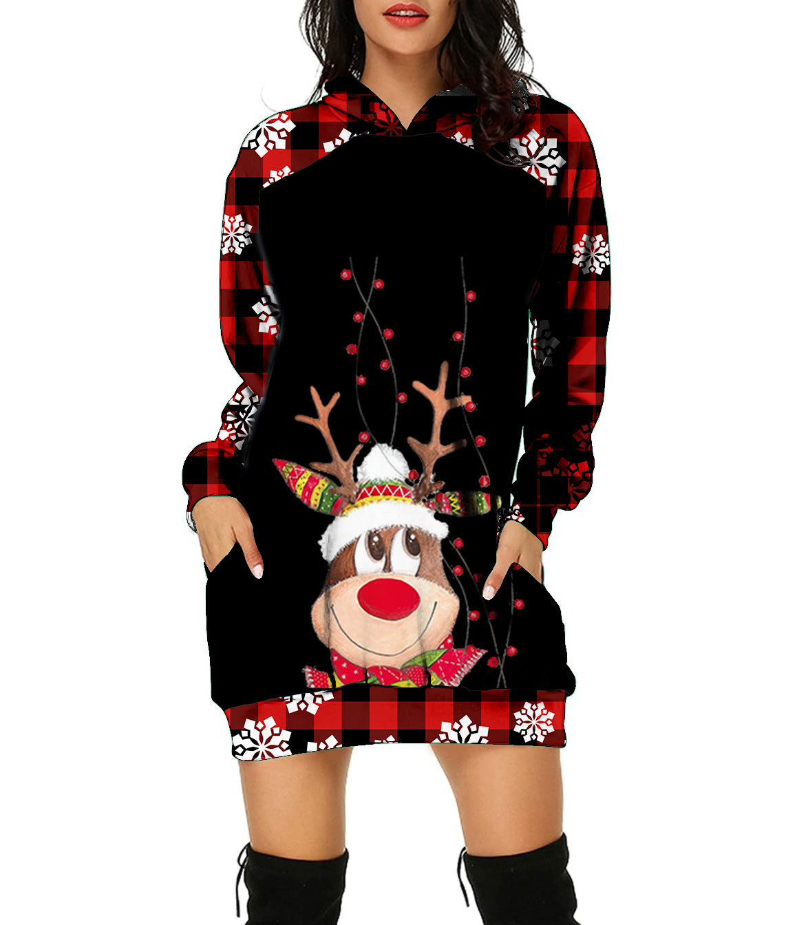 New Christmas Hoodie Moose 3D Printed Long Hoodie Autumn Loose Hoodie Dress