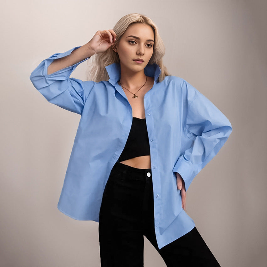 Spring Fashion Wildberries Loose Simple Commuter Lapel Long Sleeve Solid Color Shirt Simple Women's Wear