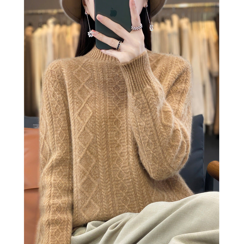 Autumn And Winter New 100% Woolen Sweater Women's Half Turtleneck Floral Thickened Sweater Set Cashmere Knitted Long-Sleeved Base Shirt