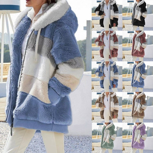 Autumn And Winter Warm Plush Patchwork Zipper Pocket Hooded Loose Coat Women