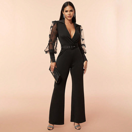 Spring/Summer Sexy Jumpsuit Deep V Patchwork Mesh Slimming Jumpsuit