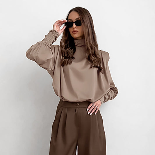 Brown Thin Soft Matte Color Ding High-Neck Lantern Sleeve Shirt New Fall Fashion Commuter Woman