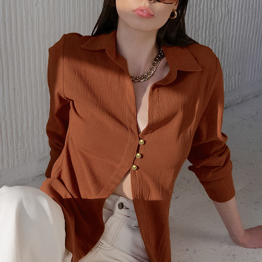 Slim-Fit Fashion Casual Shirt Autumn Commuter Brown V-Neck Long Sleeve Cardigan Shirt For Women