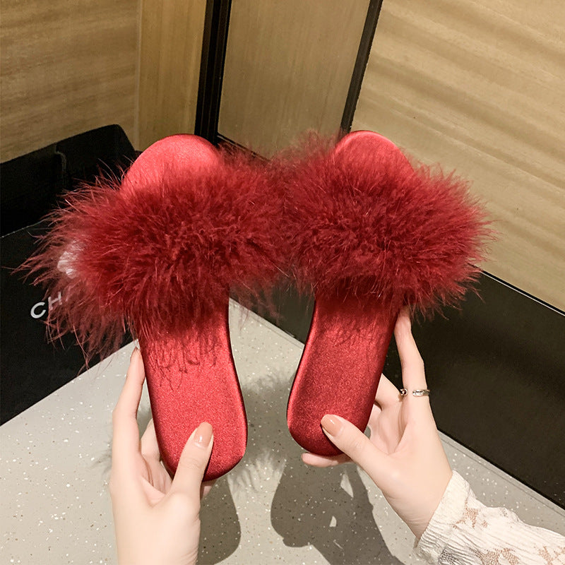 Indoor Home Breathable Slippers For Women Fluffy Red Wedding Shoes Round Head Flat Non-Slip Sandals Women Feel Flip-Flops