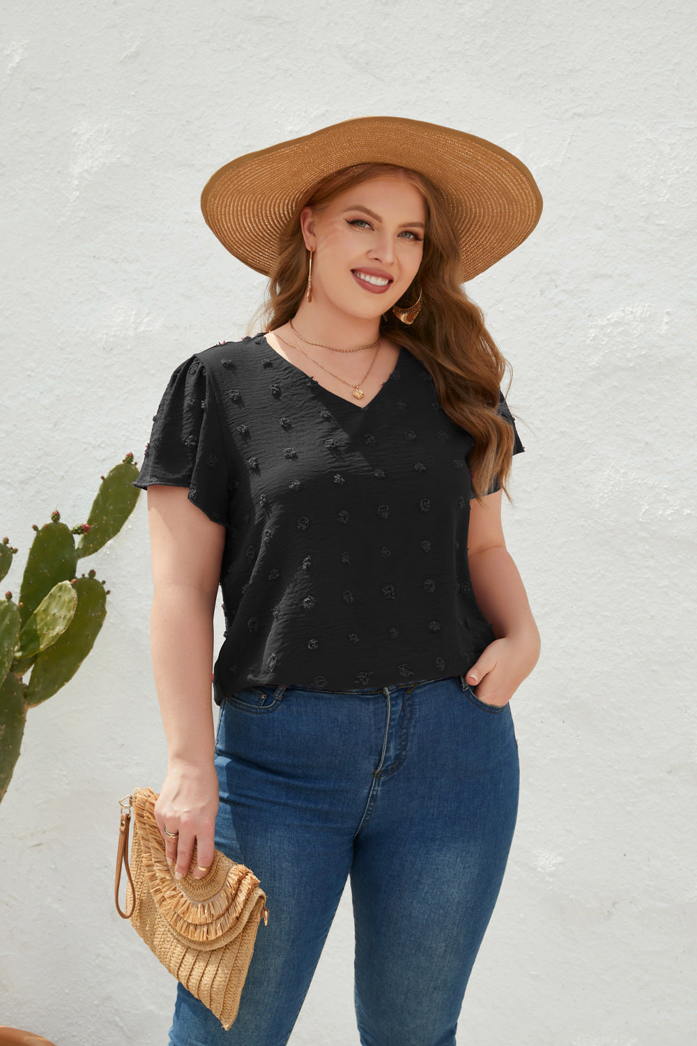 Loose Casual T-Shirt Spring Summer Plus-Size Women's V-Neck Hairball Short-Sleeved Commuter Plus-Size Top