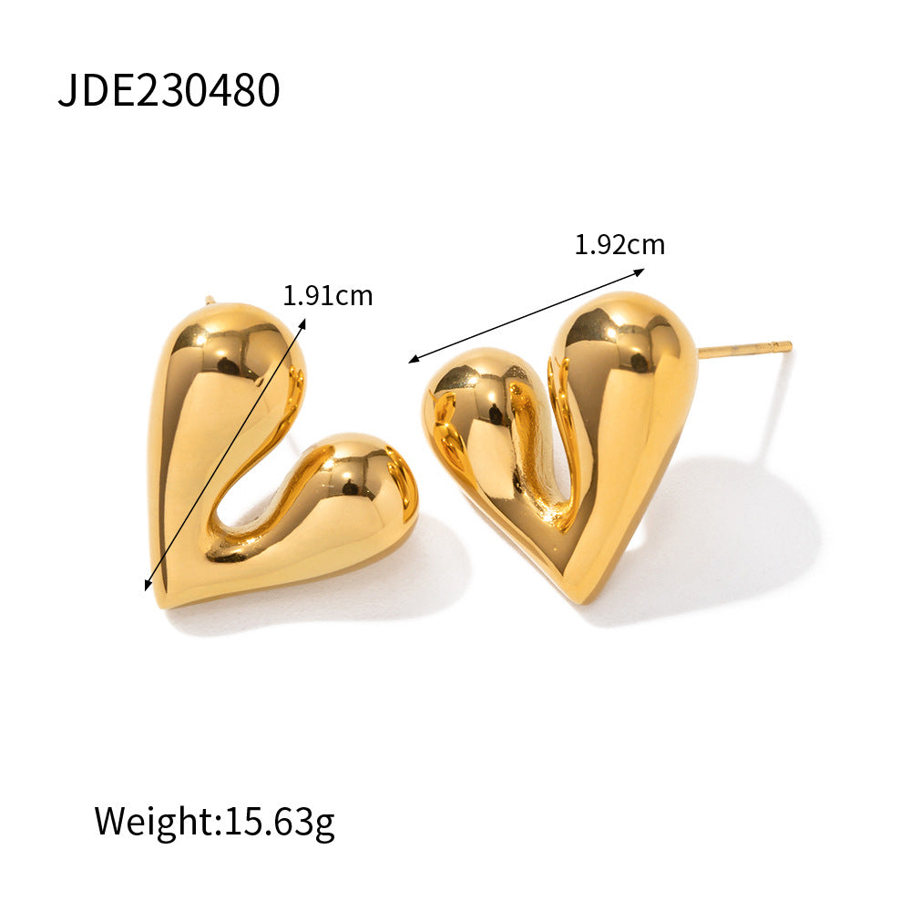 5pcs Pop Earrings 18K Gold Stainless Steel Personality Liquid Love Shaped Stud Earrings Design Sense Earrings