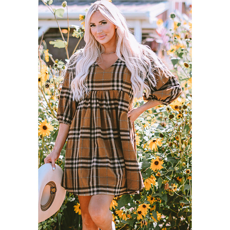 Fall New Pullover V-Neck Skirt Women Casual Plaid Long-Sleeved Dress Women