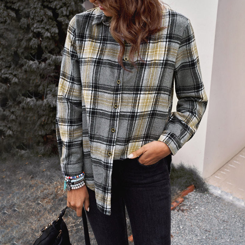 Autumn Mid-Length Plaid Shirt Women's Year Lapel Loose Long-Sleeved Top