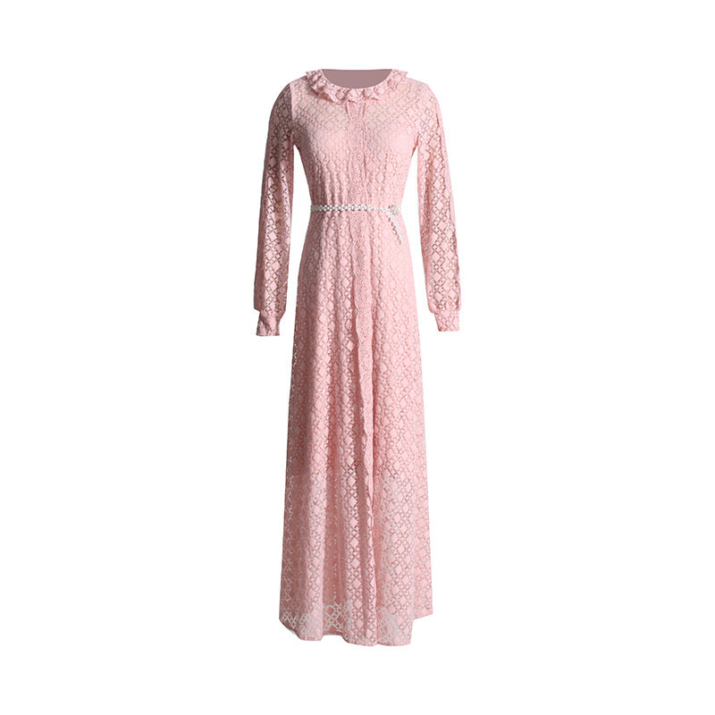 Elegant Socialite Style Dress Spring Round Neck Long Sleeve Single Breasted Front Long Solid Color Embroidery Dress