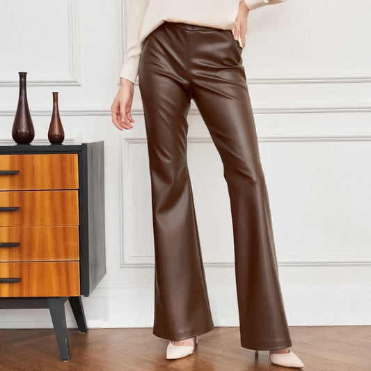 Autumn And Winter New Pu Leather Leather Pants High-Waisted Slimming Bell Bottoms Fashion Women With Trousers