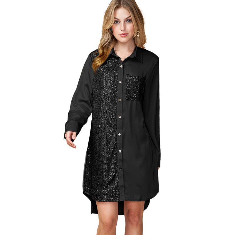 Autumn New Shirt Style Long-Sleeved Dress Women Fashion Everything With Sequin Splicing Knee-Length Skirt Women