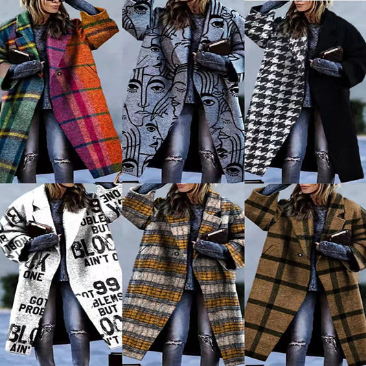 New Autumn Women's Long Sleeve Lapel Coat Printed Wool Long Coat