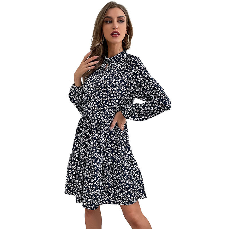 Autumn New Women's Crew-Neck Button Retro Floral Long-Sleeved Dress Short