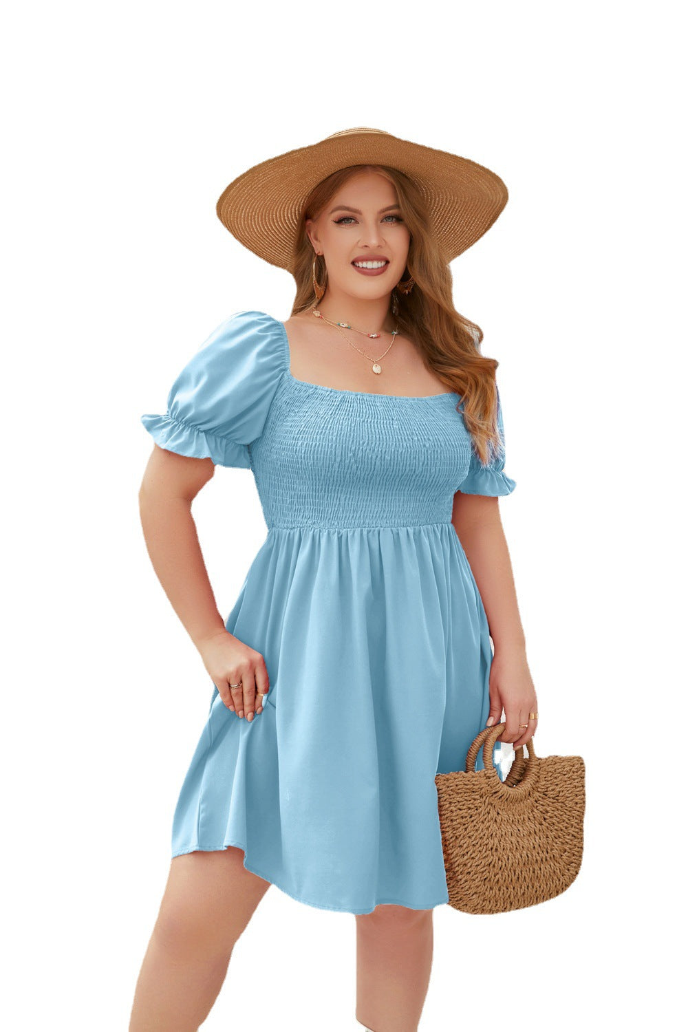 Women's Plus-Size Solid Color Leisure Vacation Dress Travel Square Collar Dress With Puffy Sleeves