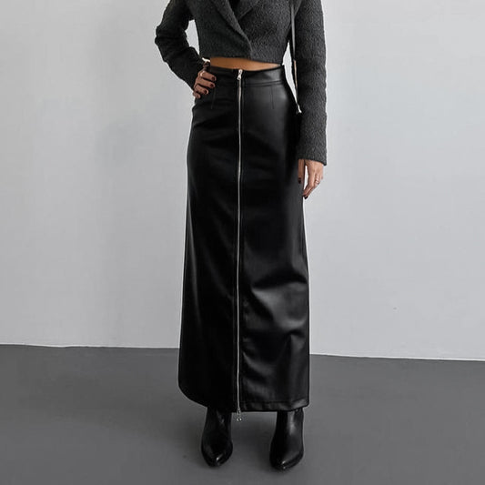 Black Velvet Faux Leather Sexy Slit High Waist Skirt New Fall Fashion Woman