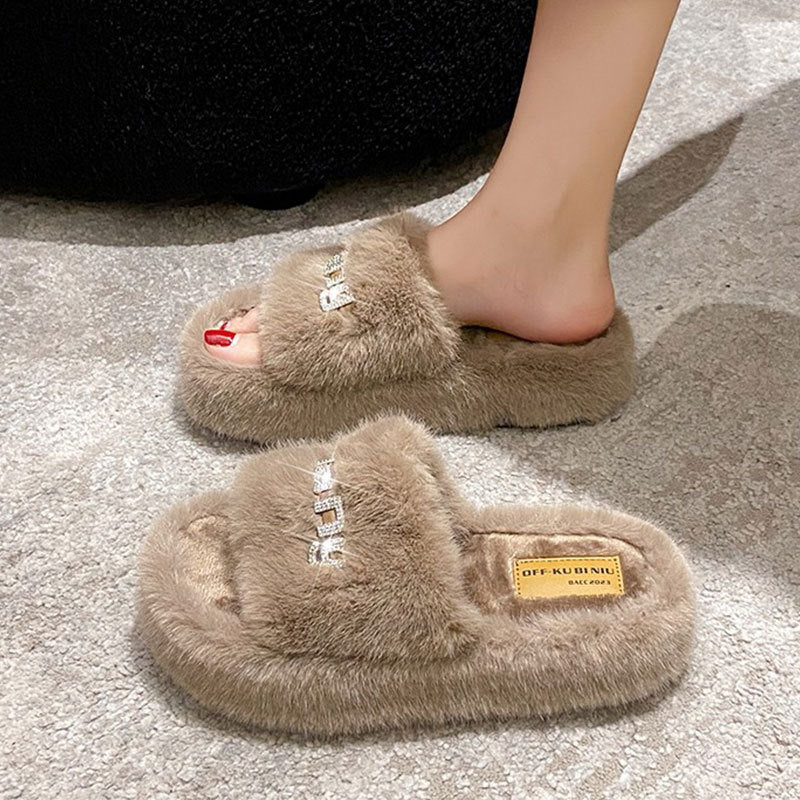 Thick Bottom Increase Fluffy Slippers Women's Shoes To Wear New Autumn And Winter Fashion Sponge Plush Cotton Slippers