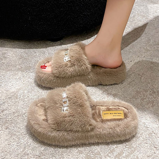 Thick Bottom Increase Fluffy Slippers Women's Shoes To Wear New Autumn And Winter Fashion Sponge Plush Cotton Slippers